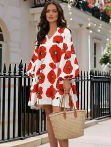 EMERY ROSE Spring/Summer New V-Neck Long Sleeve Casual Floral Print Colorblock Mini Dress For Women - Multicolor - View 5