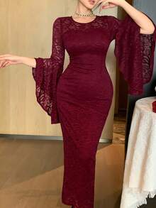 DAZY Vintage Lace Handmade Dress, Gentle Elegant Mermaid Long Sleeve Bodycon Dress Sun Dresses For Women - Red - View 1