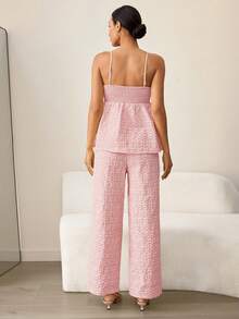 MaterniWear 2pcs Maternity Jacquard Ruffle Hem Camisole And Adjustable Waist Wide Leg Pants Set - Baby Pink - View 2