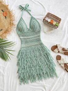 Soleia Women's Retro Fringe Hem V-Neck Halter Mini Dress, Suitable For Cruise, Holiday, Date, Afternoon Tea, Party - Green - View 1