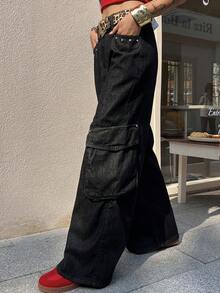 DAZY Women's Casual Street Style Loose Denim Jeans With Pockets And Rivets, Versatile For Daily Wear, Black Summer Style - Black - View 5