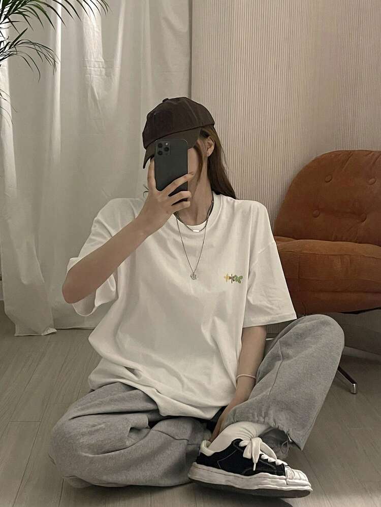 Women's Letter & Floral Print Drop Shoulder Casual T-Shirt Graphic Tees Women Oversized