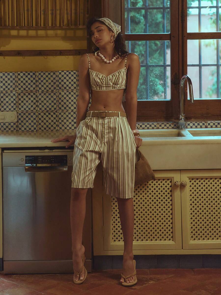 MUSERA Lace Trim Stripe Bralete Spring Summer Cosy Cute Daily Girly Vacation Sunlight Social - Multicolor - View 1