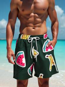 Manfinity Swimmode 男士抽绳腰带口袋水果印花休闲沙滩短裤 - 綠色 - 查看 4