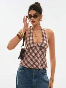 Poéselle 女士格子露背深V领修身外出上衣，复古格子露背上衣，适合夏季和度假野餐，女士野餐穿搭，可搭配牛仔裤，女士最新款上衣，女士露背上衣 - 彩色 - 查看 4