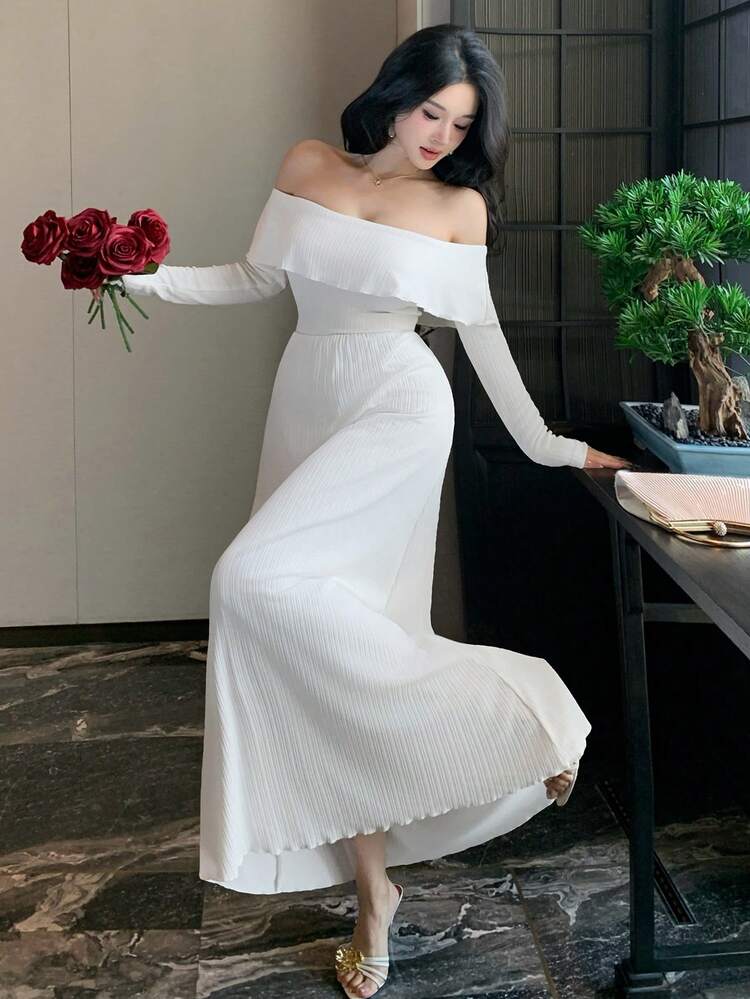 Spring & Summer White Off-Shoulder Ruffle Splice Dress, Elegant For Valentine's Day, Wedding, Party, Formal Occasion, Fashion, Waist Cinched, Long Sleeve, Midi Length Sundress