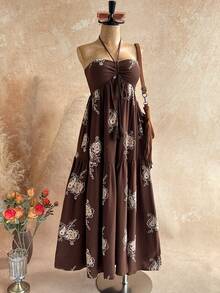Soleia Women's Minimalist Print Halter Dress, Vacation Style Graphic  Floral Dresses For Women Holiday Dress - Brown - View 3