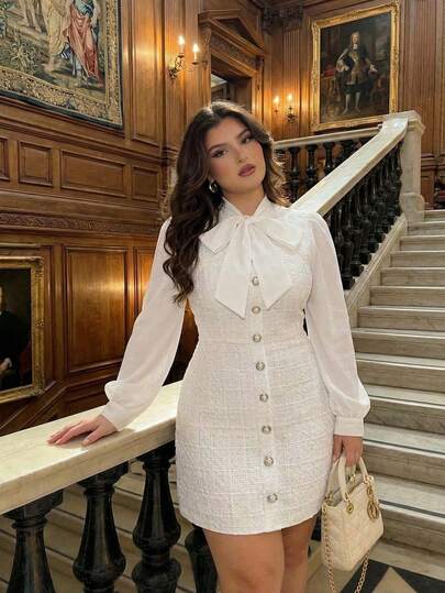 SHEIN MOD Plus Size White Vintage Cute Tweed Tie Collar Long Sleeve Shirt Dress, Big Bowknot Neck 2 In 1 Dress, Date Outfit, Spring/Summer.Plus Size White Textured Tweed Dress Long Puff Sleeves Button Front Bow Tie Neck Elegant Style Slim Fit Structured Fabric Subtle Sheen Classic Design Soft Lined Comfortable Wear Knee Length Delicate Pattern Vintage Inspired Distinct Collar Gathered Cuffs
