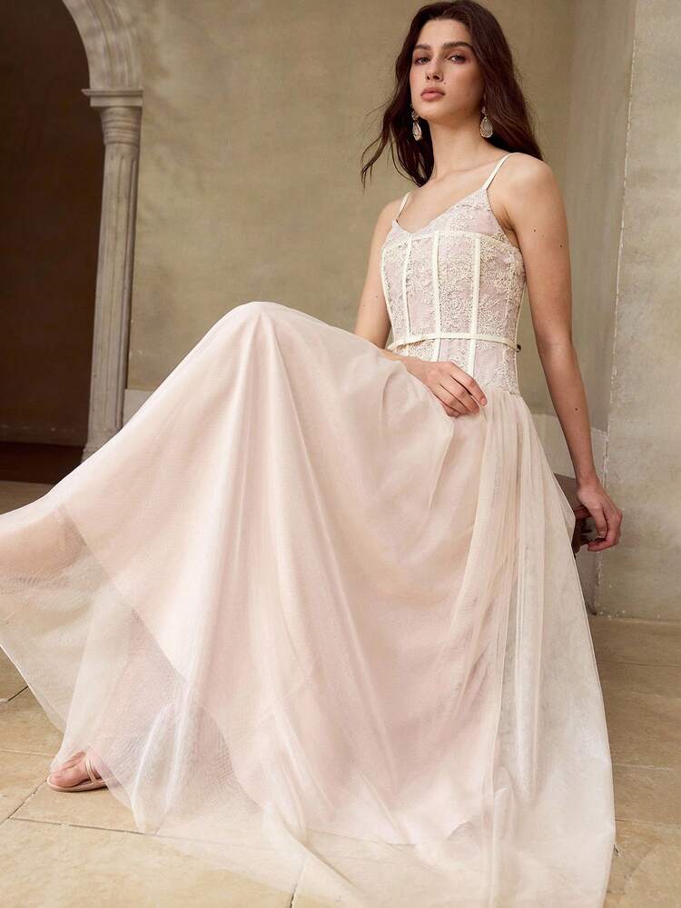 WOMEN'S SUMMER ROMANTIC CONTRAST LACE MESH UMBRELLA HEM LONG STRAP DRESS