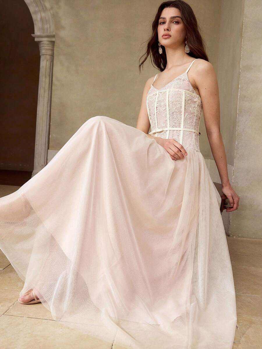 MOTF PREMIUM WOMEN'S SUMMER ROMANTIC CONTRAST LACE MESH UMBRELLA HEM LONG STRAP DRESS - Apricot - View 1