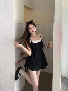 DAZY Camiseta de tirantes de mujer con encaje y contraste de color a cuadros para el verano - Negro - Ver 5