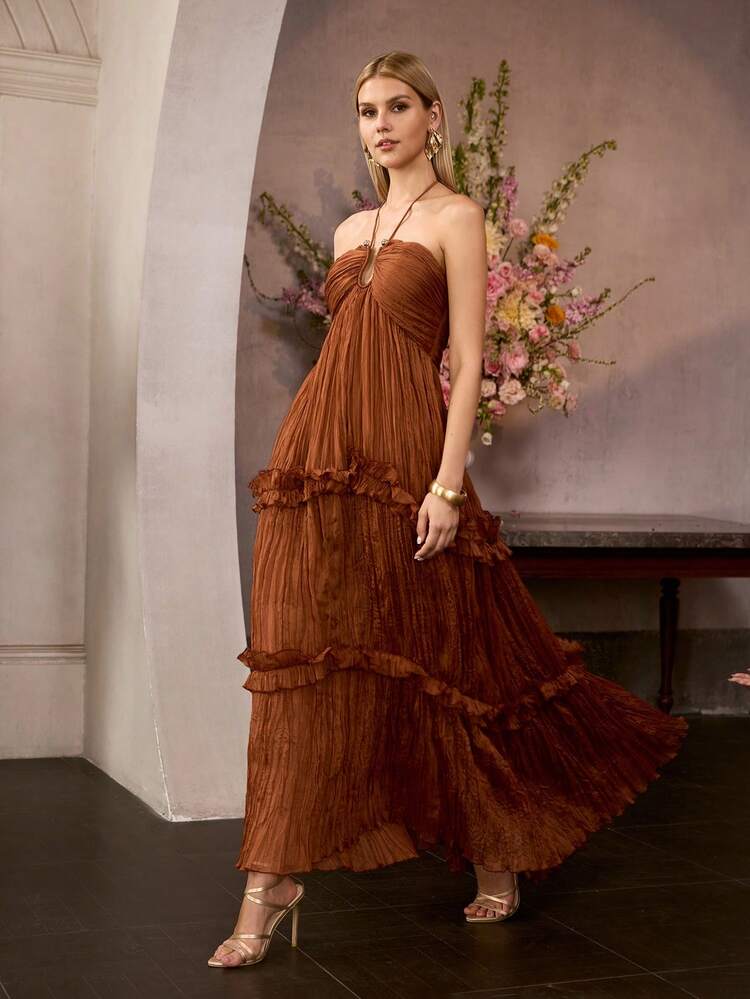 SOLID COLOR TEXTURED FRILL NECK COCKTAIL DRESS