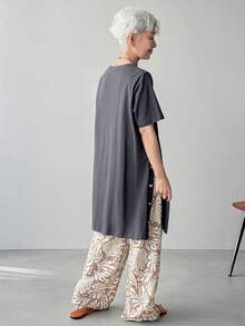 FRIFUL Áo thun nữ màu xám trơn, 100% cotton, xẻ tà bên hông, dáng rộng, thoải mái, đa năng. - Xám - Xem 2