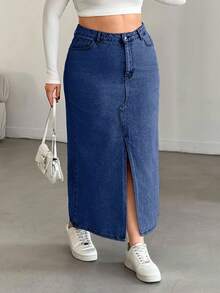 EURMUSE Plus High Waist Front Slit Denim Skirt - Medium Wash - View 3