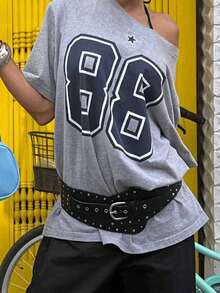 Rovax Women's Loose Casual Numeric Print Oblique Shoulder T-Shirt - White - View 1