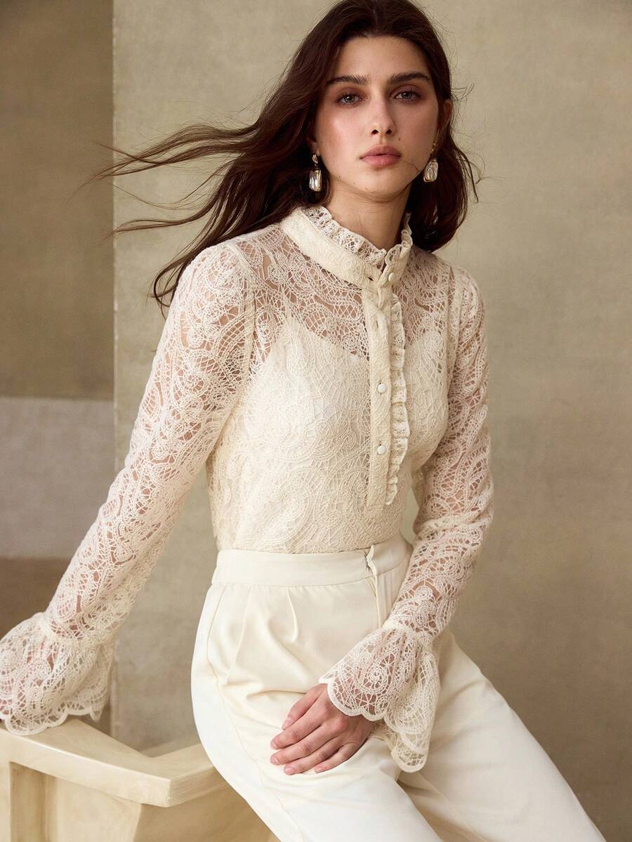 MOTF PREMIUM SPRING/SUMMER NEW LACE FRILL COLLAR LONG SLEEVE WOMEN TOP - Apricot - View 2