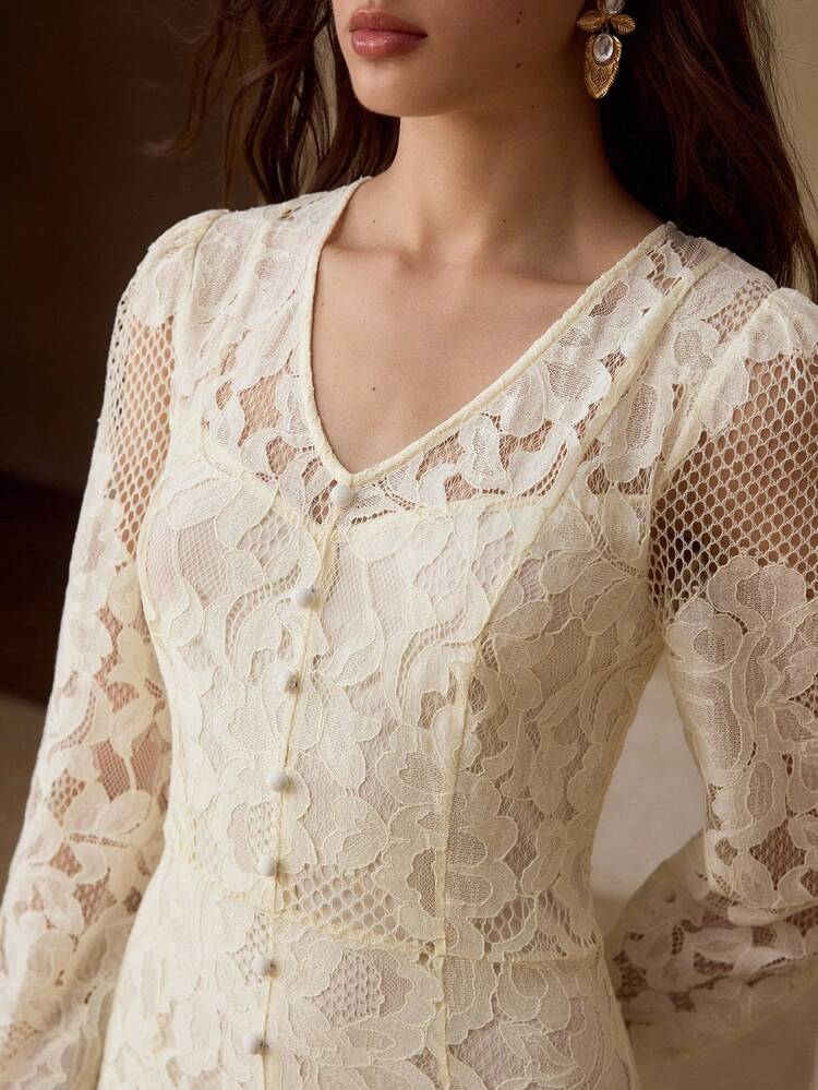 WOMEN'S ROMANTIC V-NECK LACE EMBROIDERED LONG DRESS