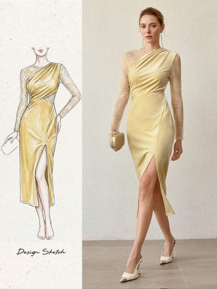 WOMEN'S VELVET MESH LACE PATCHWORK FITTED DRESS