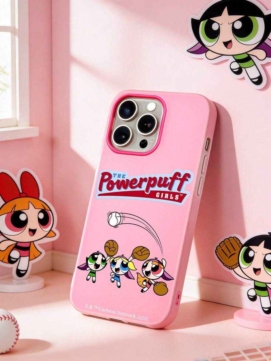 THE POWERPUFF GIRLS X SHEIN 飞天小女警棒球手机壳，品红色PC+半透明沙色TPU混合材质，磨砂质感，保护摄像头，可爱卡通运动图案，防震保护壳，日常使用及生日礼物，适合女孩和卡通迷，兼容iPhone 11/12/13/14/15/16/17 Pro Max，手机配件，快速发货 - 玫紅色 - 查看 1