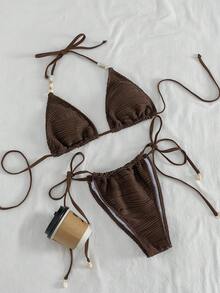 Swim Vcay Bộ bikini 2 mảnh thanh lịch, màu trơn, chất liệu vải có họa tiết, điểm xuyết những hạt ngọc trai không đều, thích hợp cho kỳ nghỉ hè. - Cà phê nâu - Xem 6