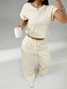 SHEIN PETITE Apricot T-Shirt And Pants Women's Loungewear Set, Suitable For Spring And Summer - Apricot - View 1