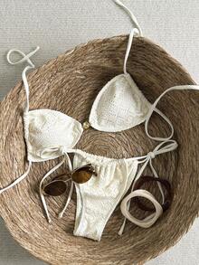 Swim Vcay Women's Ivory Spaghetti Strap Halter Sexy Vacation Style Bikini Swimwear 2 Pieces Set, Summer - Beige - View 6