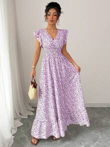 Selianne 新款褶皱印花短袖荷叶边下摆收腰休闲度假连衣裙，女士 - 紫色 - 查看 5