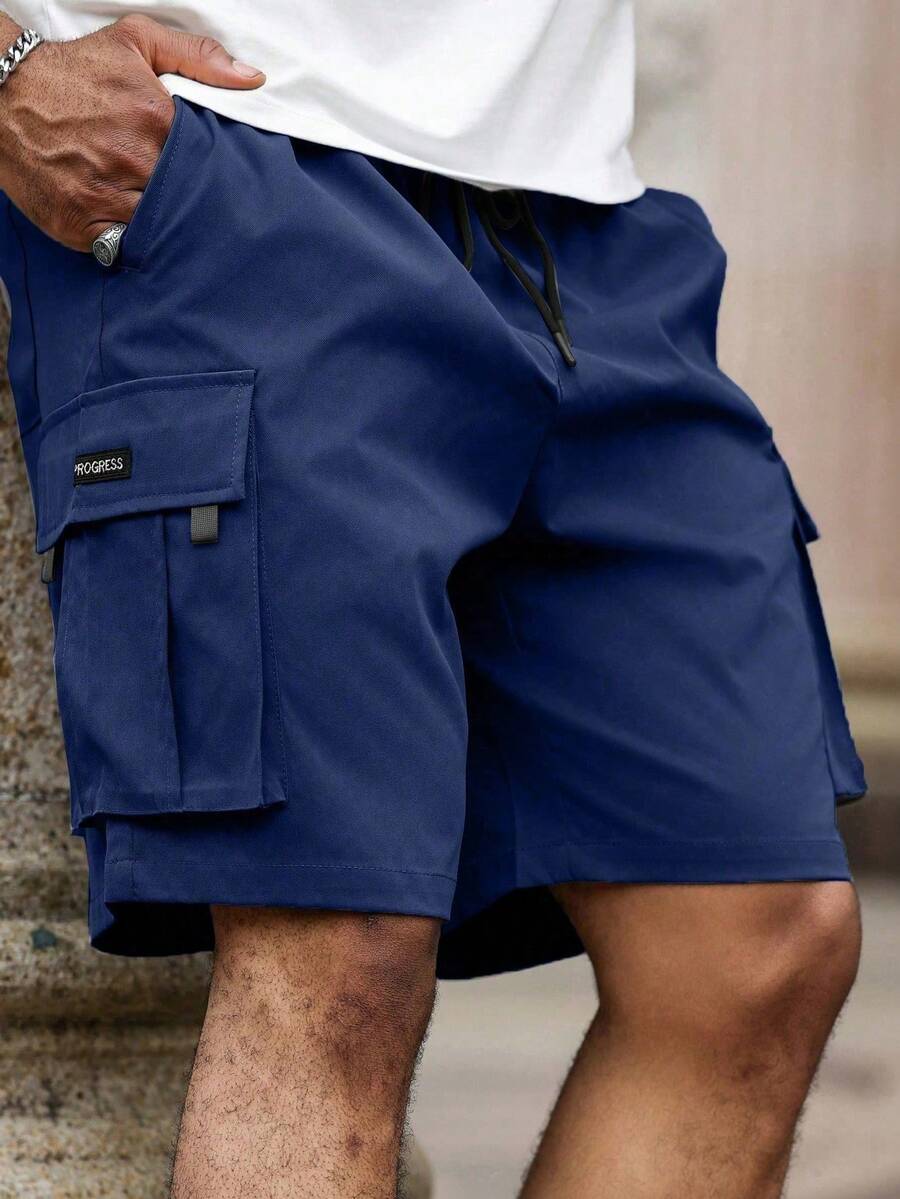 Manfinity Homme Quần short cargo nam cỡ lớn có dây rút ở eo, có túi, kiểu dáng thường ngày, đa năng cho việc đi làm và các hoạt động ngoài trời, quần short đường phố nam, quần short cargo nam, quần short cargo nam màu xanh navy dáng rộng. - Màu xanh hải quân - Xem 1