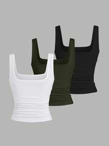 EMERY ROSE Áo tank top in họa tiết cỡ lớn, Áo tank top cổ tròn dáng casual cỡ lớn dành cho nữ, Áo tank top thời trang cỡ lớn dành cho nữ, Bộ 3 áo tank top cỡ lớn dành cho nữ, Áo tank top mùa hè - Nhiều màu - Xem 2