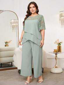 Reflora 大码女式圆领蕾丝拼接不对称下摆上衣和阔腿裤休闲两件套 - 綠色 - 查看 4