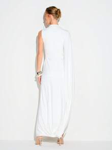 KIZN Women's High Neck Extreme Drape One Sleeve Split Front Maxi Dress Evening Formal Asymmetrical White Floor Length Gown - White - View 2