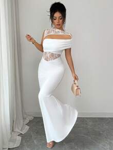 Rafferiza Blanco,Verano,Elegante,Vestido de Invitada de Boda con Encaje,Hombros Descubiertos,Fruncido,Sin Mangas,Cola de Sirena,Ropa Formal de Lujo para Mujeres - Blanco - Ver 6