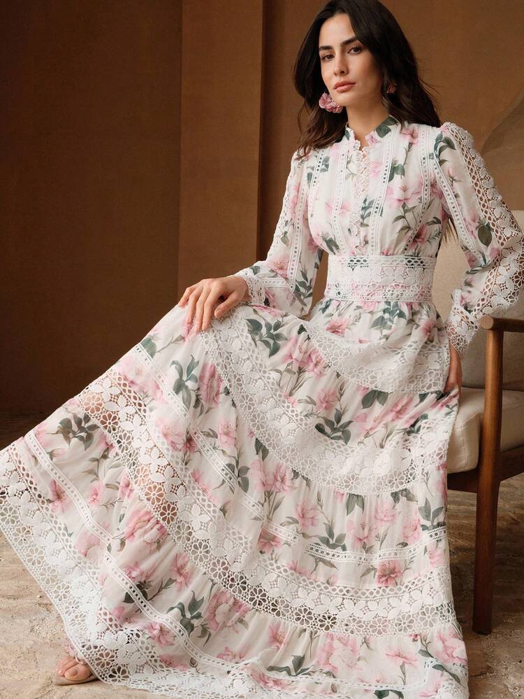 Women's V-Neck Waist Design French Style Fashionable Hollow Lace Patchwork Soft Lace Trim Long Dress, Suitable For Spring, Holidays, Festivals