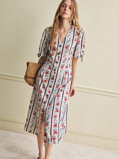 Écloséra ชุดเดรสลายดอกไม้แขนสั้นพิมพ์ลายทางคอวีผูกหน้าสไตล์เรโทรหรูหราสำหรับฤดูใบไม้ผลิ/ฤดูร้อน, ชุดเดรสหรูหราสำหรับผู้หญิง, ชุดเดรสลำลองสำหรับผู้หญิง