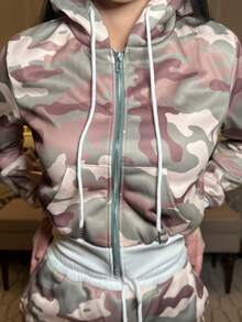 hhfernanda 2pcs Women Camouflage Print Hooded Zip-Up Long Sleeve Top And Pants Set - Multicolor - View 3