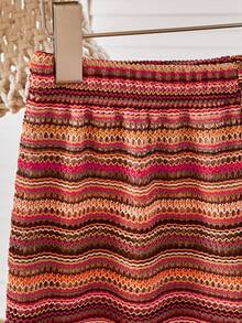 SHEIN 2件套少女针织镂空条纹里衬不对称肩长袖T恤和短裤套装，休闲，双层缝制不透明，适合春夏日常穿着 - 彩色 - 查看 3