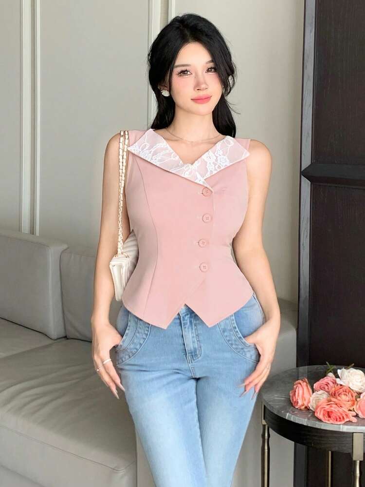Spring & Summer Pink Hollow Lace Trim Contrast Color Splice Dress, Elegant For Valentine's Day, Wedding, Party, Fashion Event, Sleeveless Vest Cardigan Shirt With Oblique Placket Design For Women