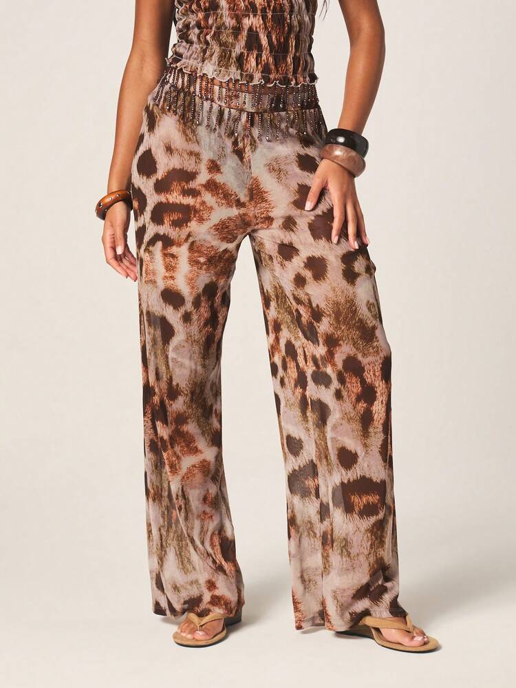 MISSGUIDED Leopard Print Wide Leg Palazzo Pants With Beaded Trim Detail High Waist Flowing Bohemian Style