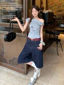 DAZY 女士休闲不对称领口韩版街头风T恤，夏季 - 灰色 - 查看 4