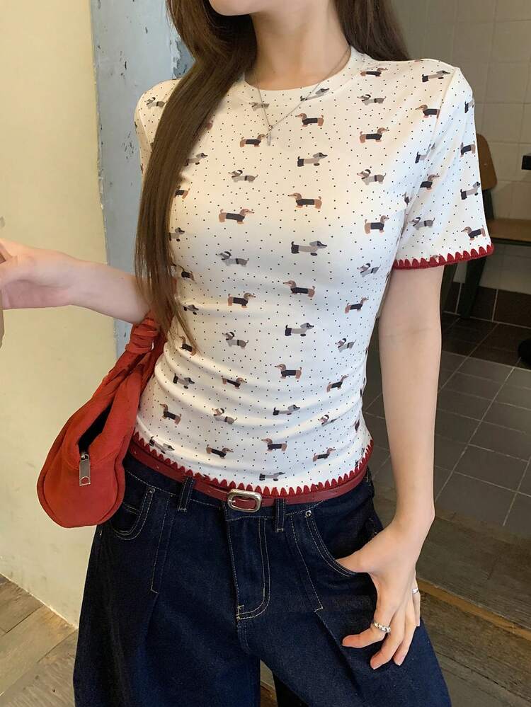 Women's Round Neck All-Over Print Korean Style Short Sleeve T-Shirt, Summer