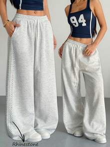valorelle valorelle Light Grey Plain Sweatpants For Women Knitted Fabric Long Straight Leg With Rhinestones And Pockets - Light Grey - View 1