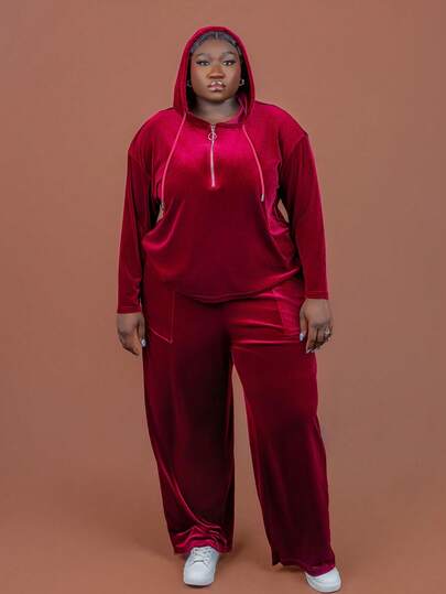 CurvyTilda 2025 秋冬新款休闲运动基础款 & 日常休闲 & 居家休闲纯棕色宽松落肩套头连帽衫 T 恤和宽松阔腿口袋长裤，天鹅绒面料，大码女装 2 件套