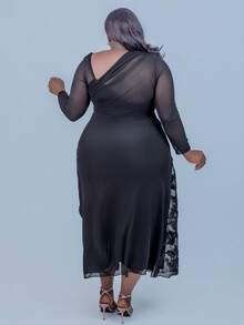 CurvyTilda Plus Size Women's Elegant Minimalist Chic Fashion Basic Everyday Wear Ins Style Office Commute Influencer Music Festival Embroidered Stretch Mesh Asymmetrical Neck Ruched Bodycon Slim Fit Long Sleeve Maxi Dress/New Year, For Hourglass Body Shape - Black - View 2