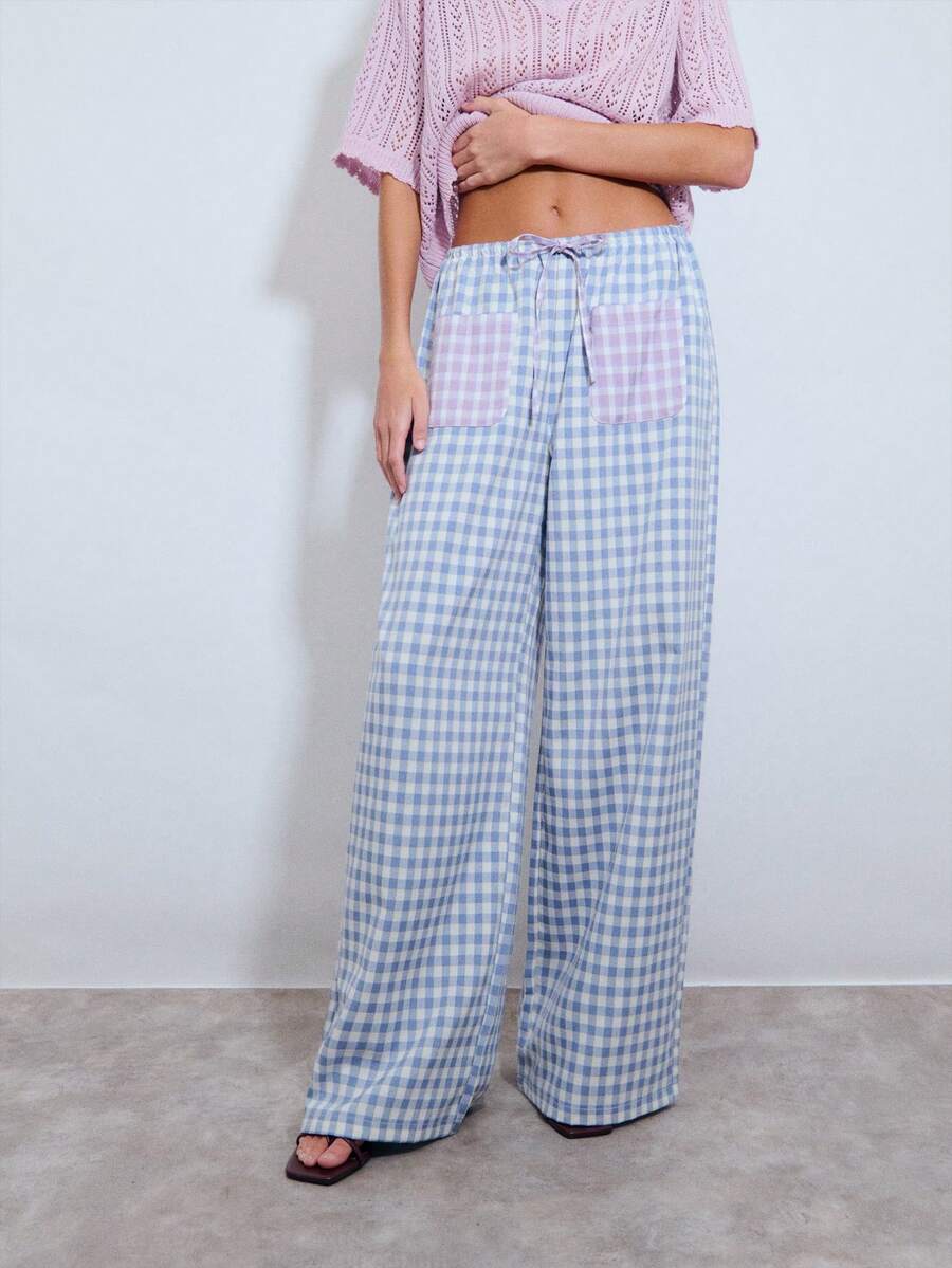 Nöista Wide-Leg Pants With Blue Gingham Print With Contrasting Lavender Checkered Front Pockets. The Elastic Waistband With Drawstring For Adjustable On Waist. Casual, Loungewear, Spring, Summer, Easter; - Blue - View 1