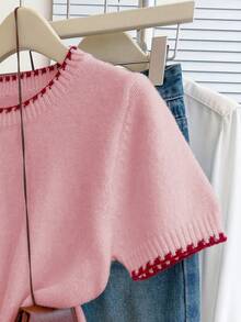 Franclia Top tricoté à manches courtes, col rond, style rétro français, coupe ample, blocs de couleurs, pour femmes, printemps/automne - Rose bonbon - Voir 6