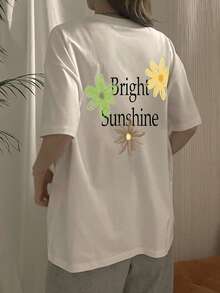 DAZY Damen Buchstaben- und Blume Muster Oversized T-Shirt mit Drop Shoulder, Grafik-Tees für Frauen - Weiss - Übersicht 3