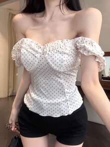 Joudiya 春夏时尚白色波点印花荷叶边单肩露脐修身短款上衣，休闲沙滩度假风女款T恤 - 白色 - 查看 3