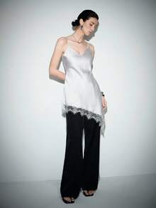 Lumivelle Women's Spring/Summer New V-Neck Satin Waist-Cinched A-Line Lace Patchwork Elegant Sexy Romantic Slip Dress - Silver - View 5