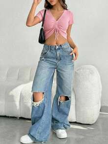 Top de punto para mujer, manga corta, escote en V, detalle fruncido ajustable, diseño crop, corte corto, acanalado blusa acanalada elástica, estilo moderno y casual ideal para outfits frescos y modernos - Rosa - Ver 3