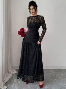 Elenzga Women's Autumn/Winter Lace Ruched Bodycon Dress, Versatile For Outings, Date Nights, Theme Parties, Celebrations - Black - View 4